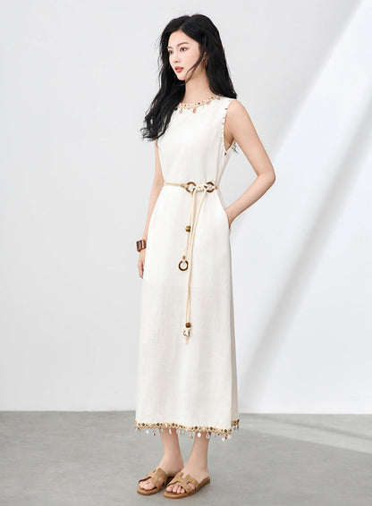 Boho Linen-Tencel Dress with Shell Detail and Removable Buckle Necklace