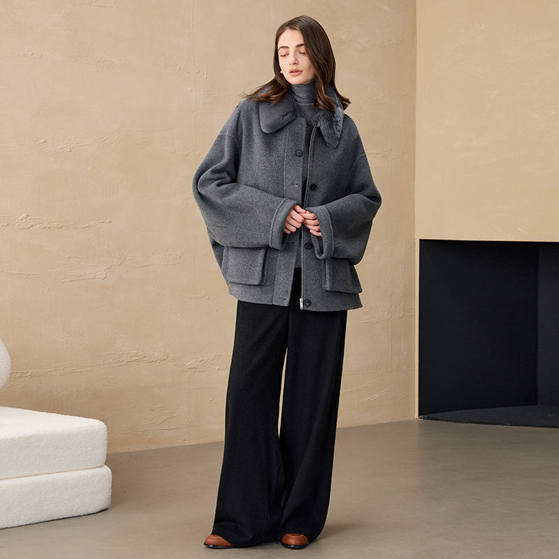 Short Alpaca Wool-Blend Coat with Rex Fur Collar