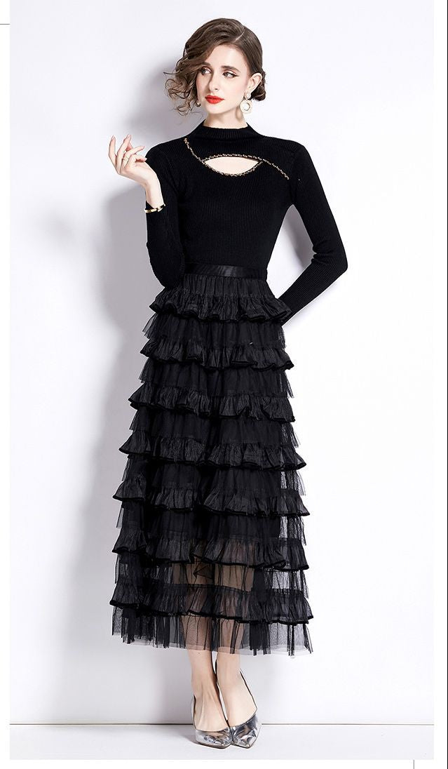 Layered Knit & Tulle Maxi Dress – Faux Two-Piece Design