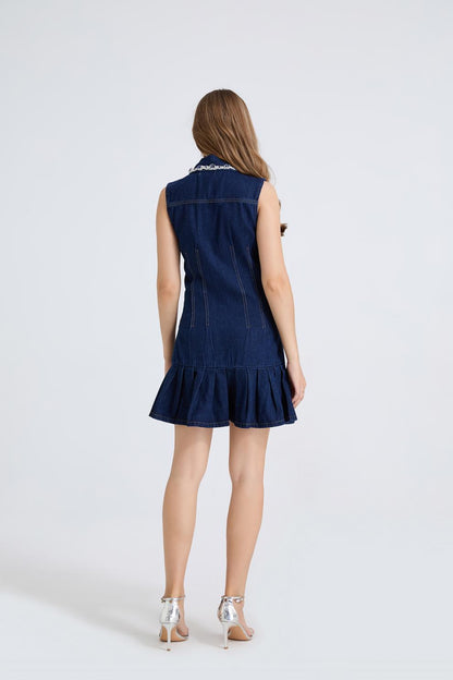 Crystal-Embellished Denim Polo Mini Dress