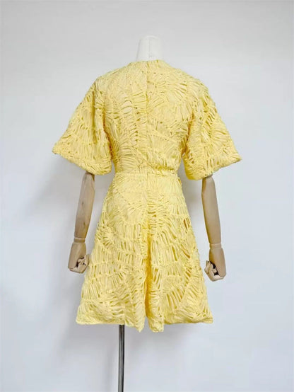 Textured Short Puff Sleeve A-Line Dress