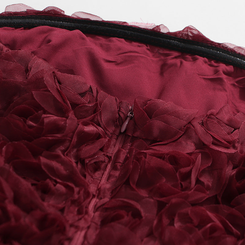 Burgundy 3D Floral Strapless Maxi Dress