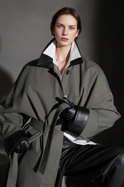 Leather-Trimmed Polo Collar Oversized Long Trench Coat