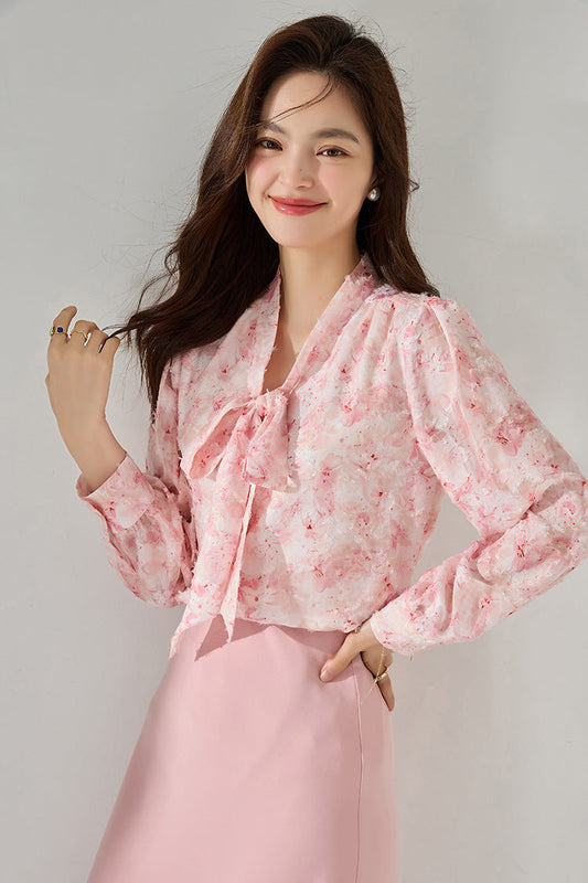 Pink Floral Chiffon Blouse with Bow