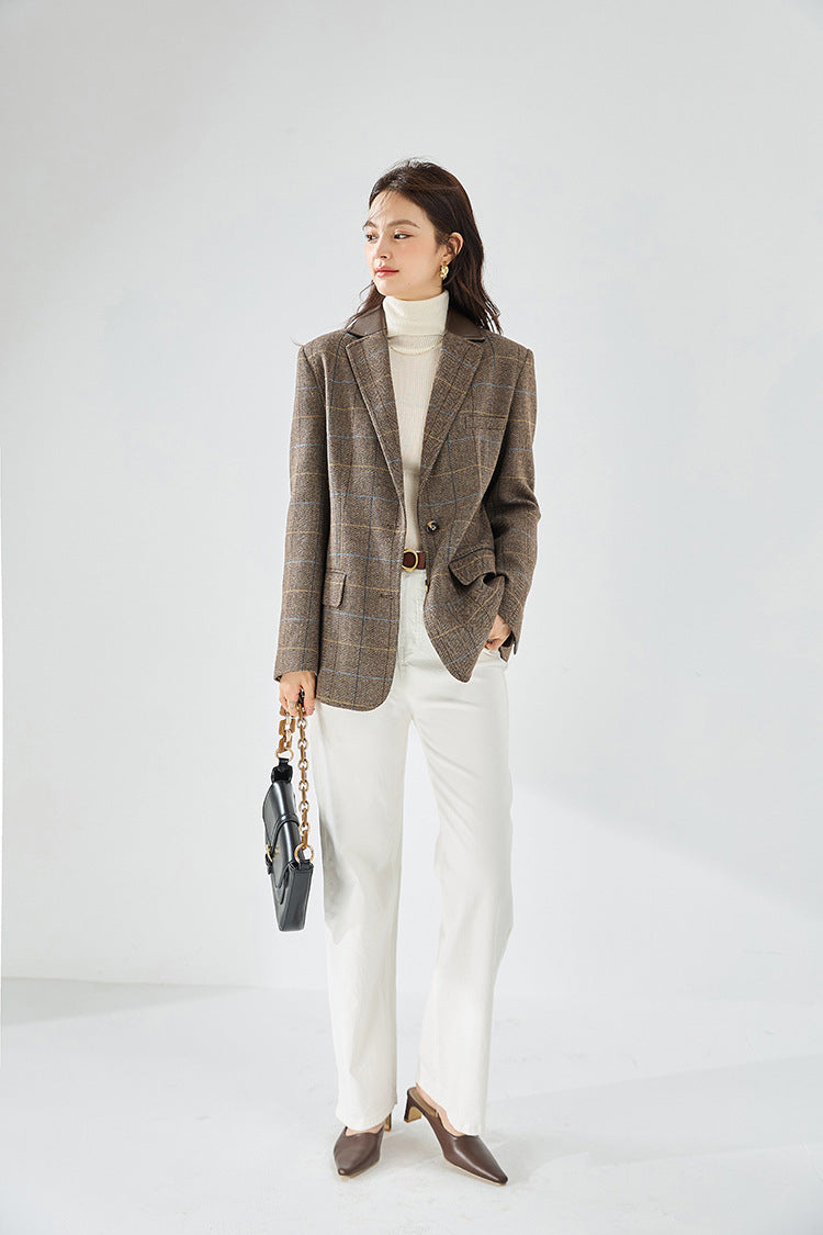 Fine Wool Plaid Oversized Blazer Coat – Coffee Brown