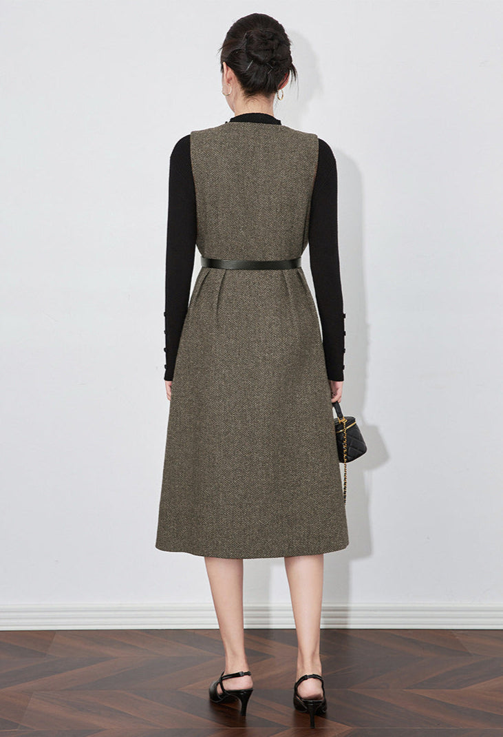 Retro Wool-Blend Vest Midi Dress + Knit Sweater Set
