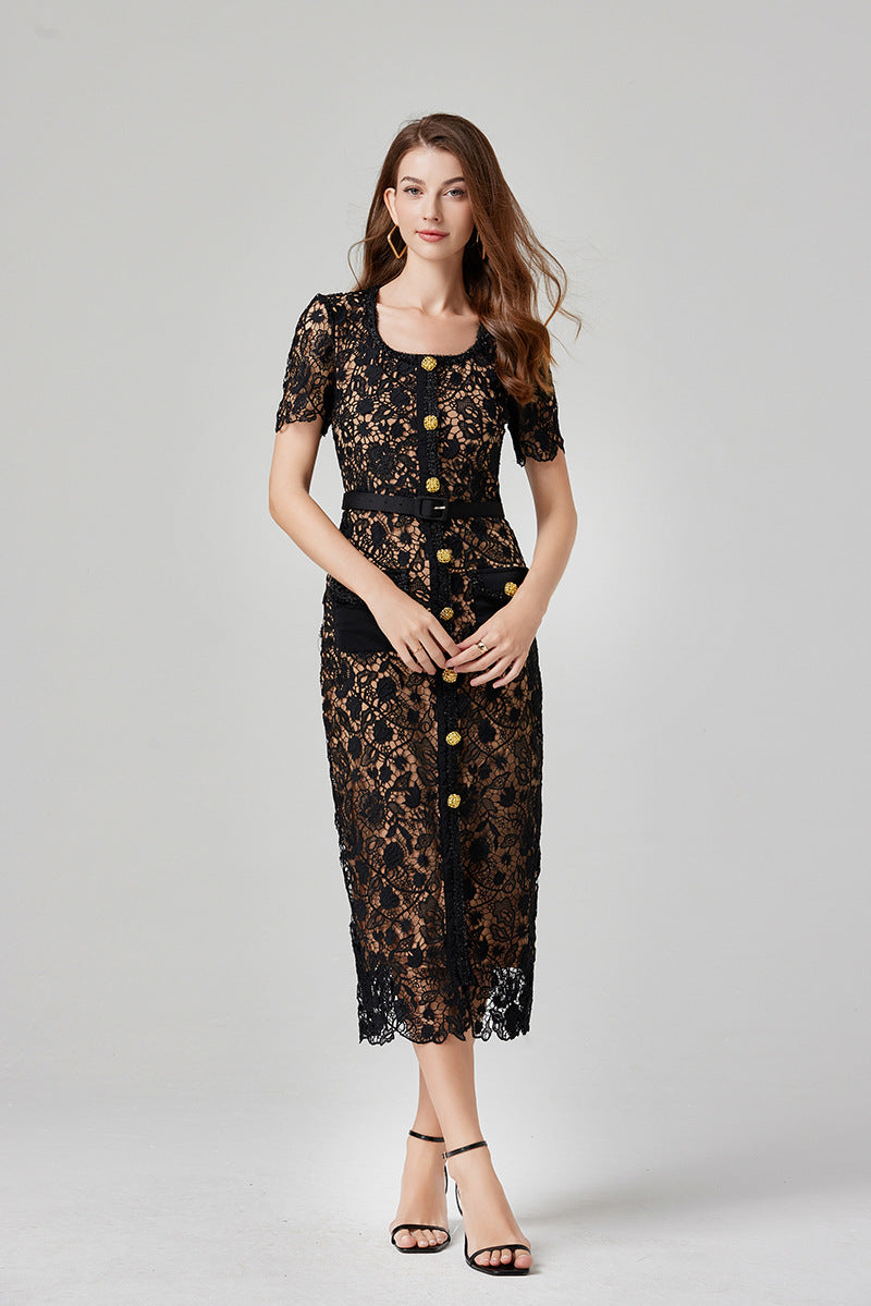 Hollow Lace Midi Dress