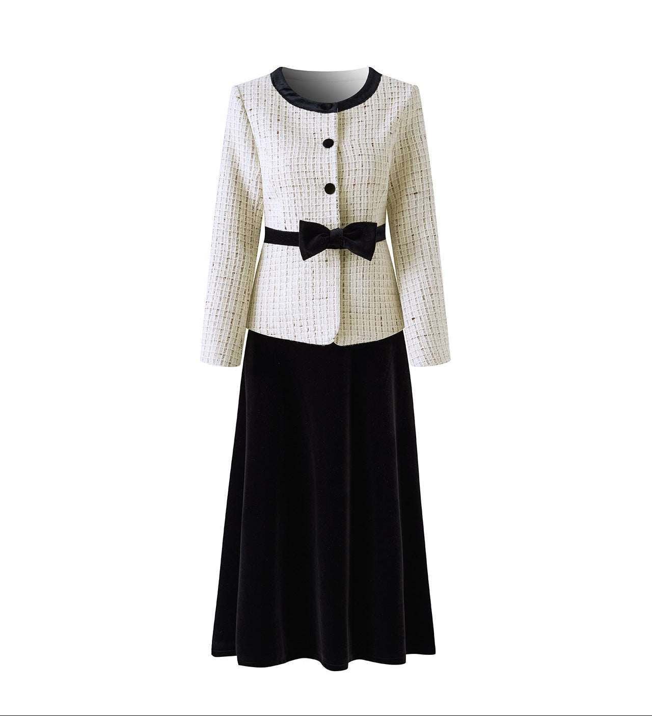 Bow-Detail Tweed Jacket & Velvet Skirt Set