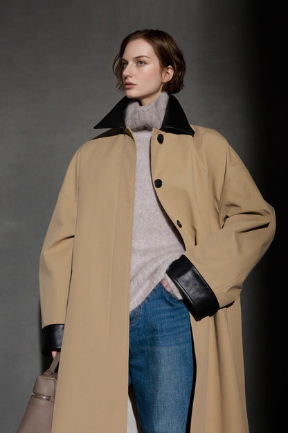 Leather-Trimmed Polo Collar Oversized Long Trench Coat