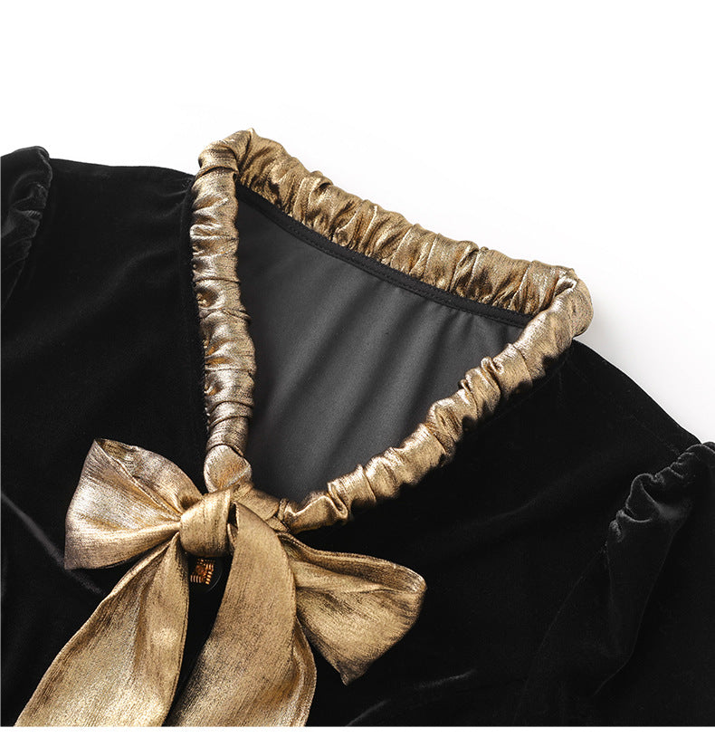 Velvet Contrast French Bow-Tie Slimming Blouse