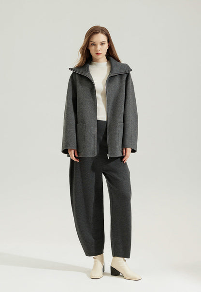 Yün Fermuarlı Stand Yaka Kısa Kaban