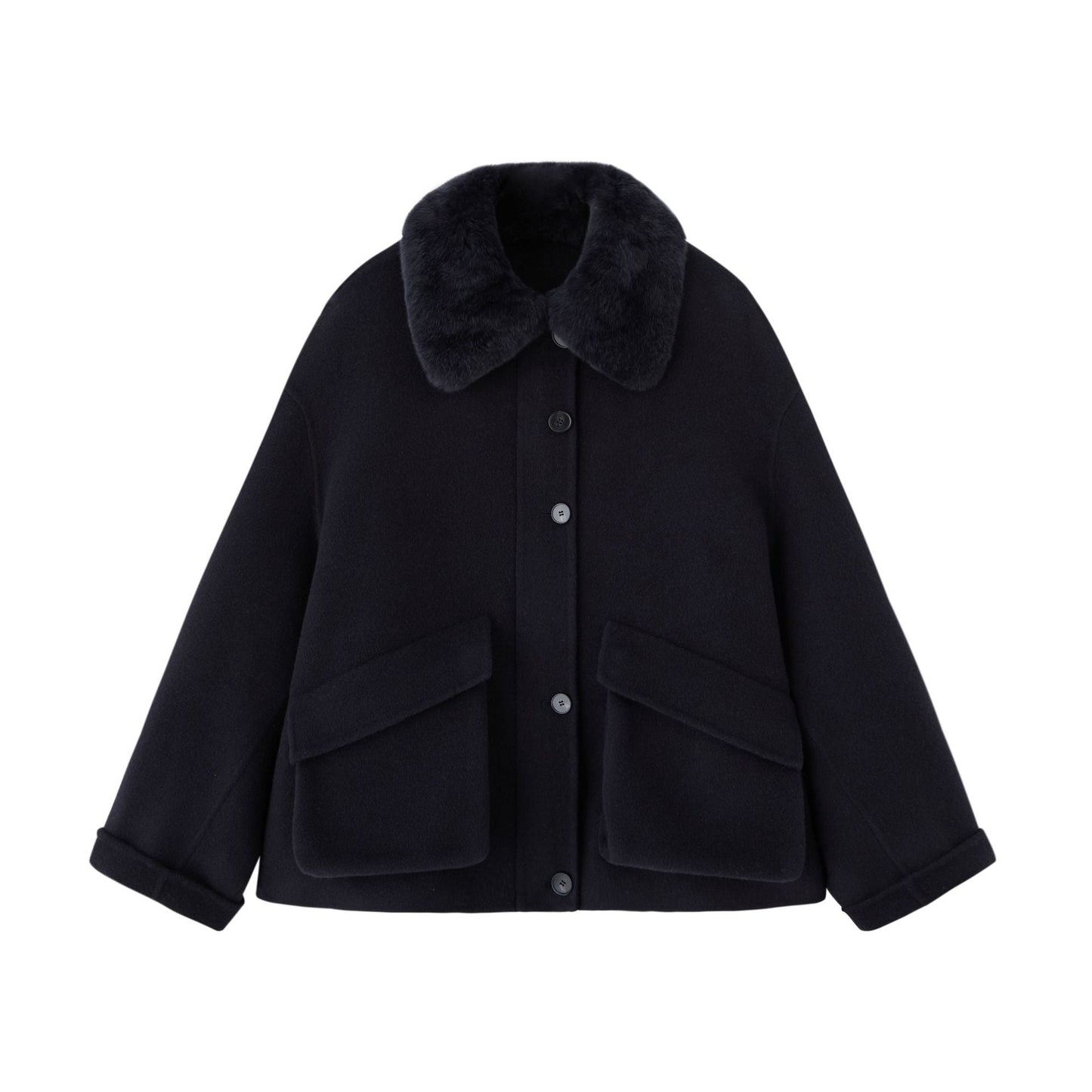 Short Alpaca Wool-Blend Coat with Rex Fur Collar