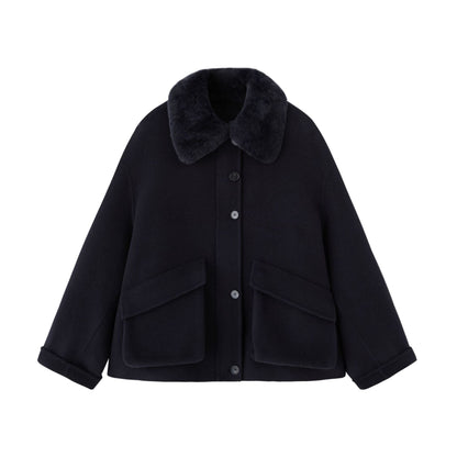 Short Alpaca Wool-Blend Coat with Rex Fur Collar