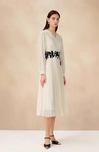 Embroidered Pleated Chiffon Maxi Dress