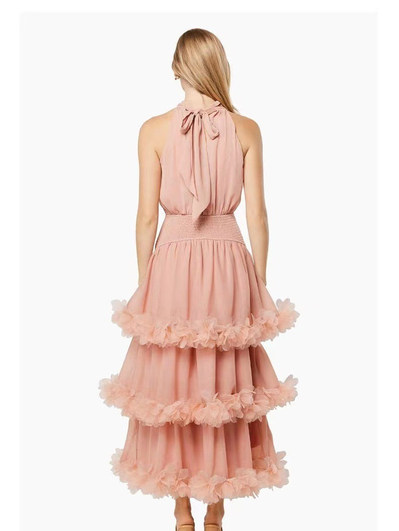 3D Floral High-Neck Evening Gown – Elegant Pink