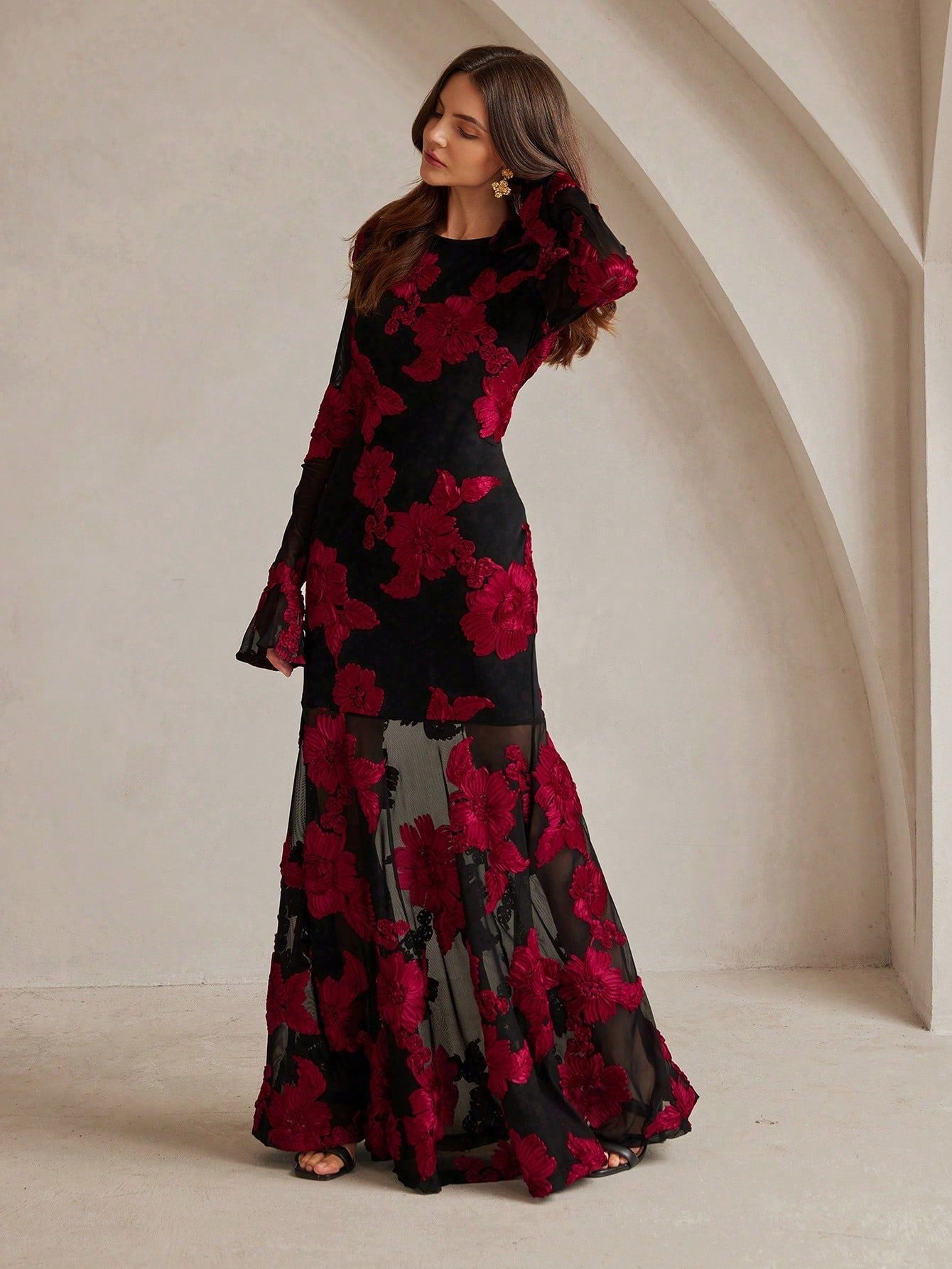 Embroidered Open-Back Fishtail Maxi Dress