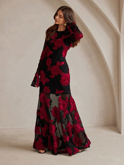Embroidered Open-Back Fishtail Maxi Dress