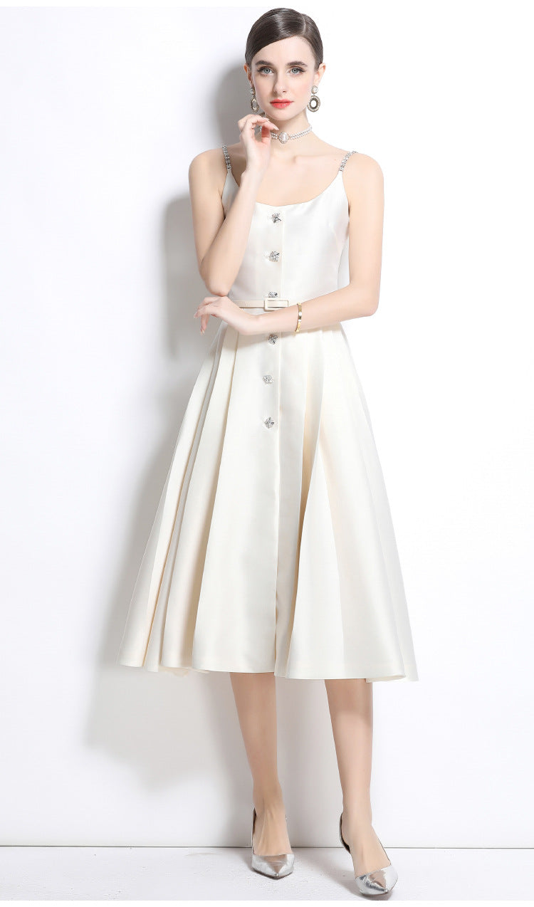 Crystal Strap Pleated Midi Dress
