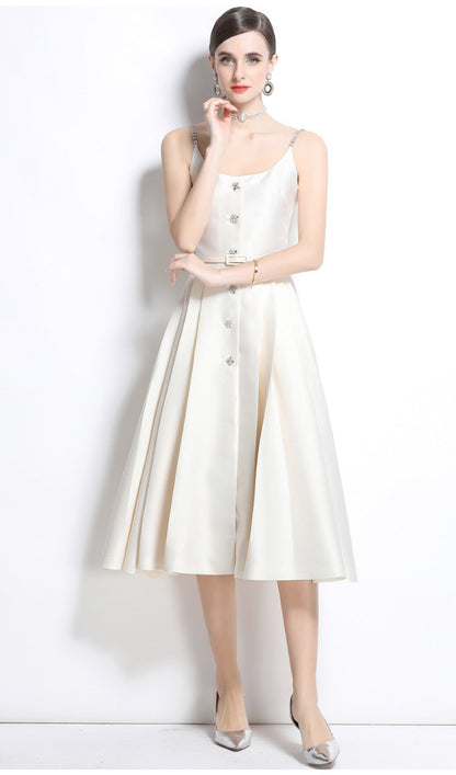 Crystal Strap Pleated Midi Dress