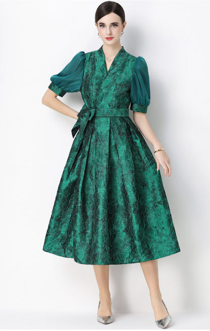 Jacquard Puff Sleeve V-Neck Maxi Dress