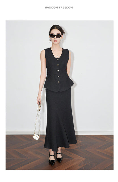 Old Money Style Two-Piece Set – Sleeveless Vest & Fishtail Skirt