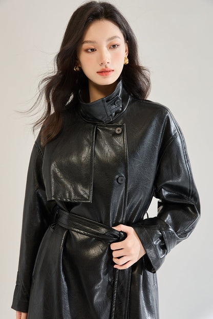 Retro Long Faux Leather Coat