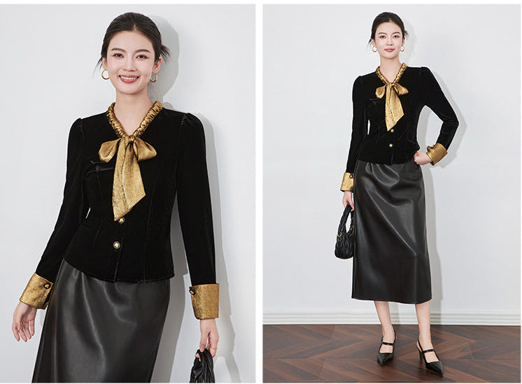 Velvet Contrast French Bow-Tie Slimming Blouse