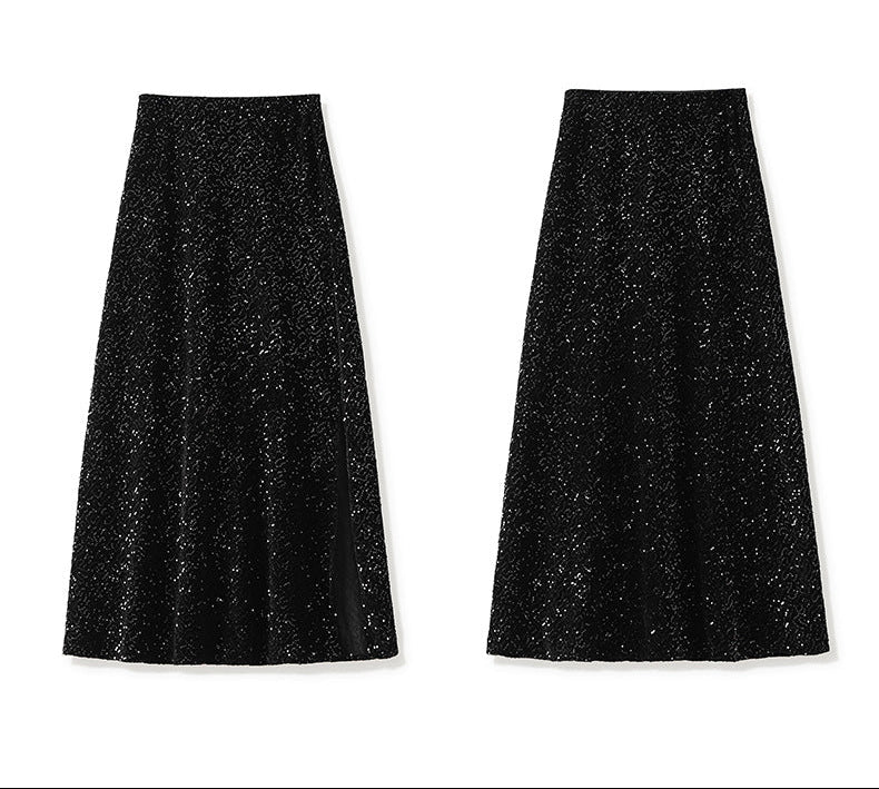 Velvet-Shine Sequin A-Line Midi Skirt