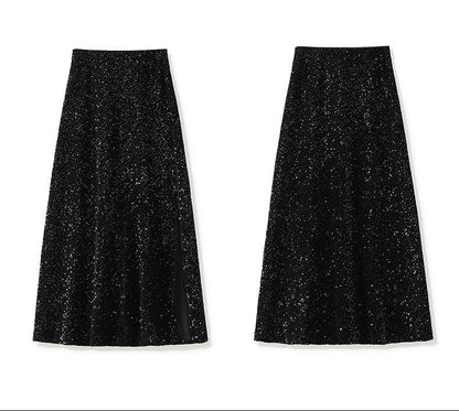 Velvet-Shine Sequin A-Line Midi Skirt