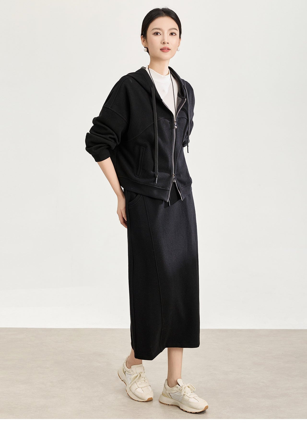 Soft Wool-Blend Hooded Jacket & Elastic Waist Skirt Set