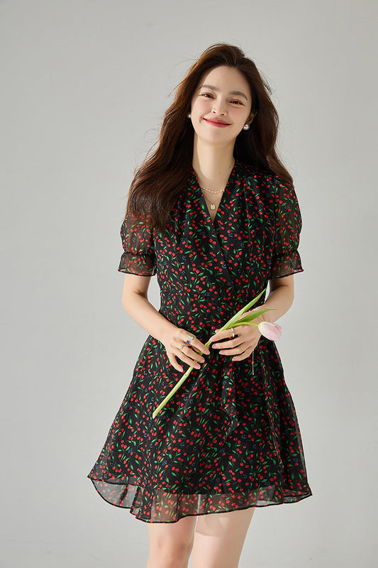 Fruit Print V-Neck Midi Dress