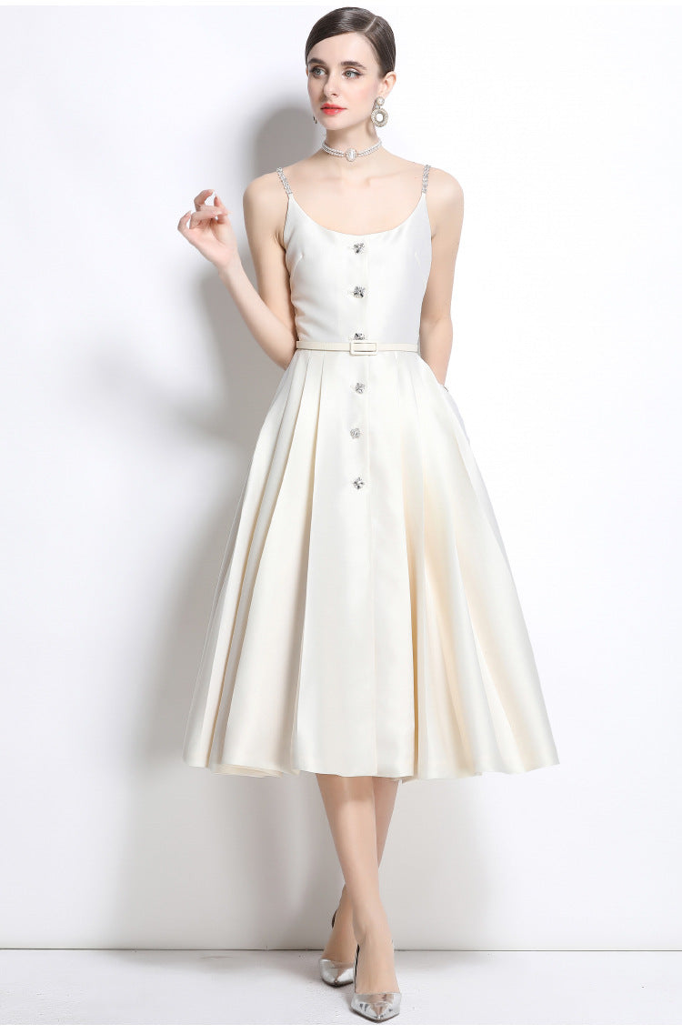 Crystal Strap Pleated Midi Dress