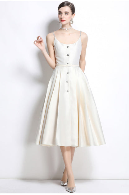 Crystal Strap Pleated Midi Dress