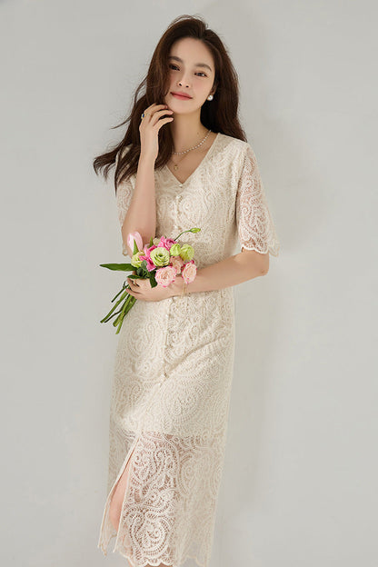 90% Cotton Blend in Soft Ecru Elegant Lace Midi Dress