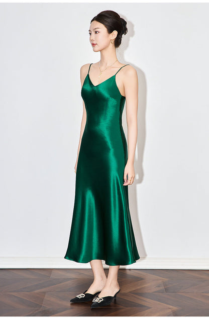 Satin-Texture Acetate Slip Dress with Spaghetti Straps