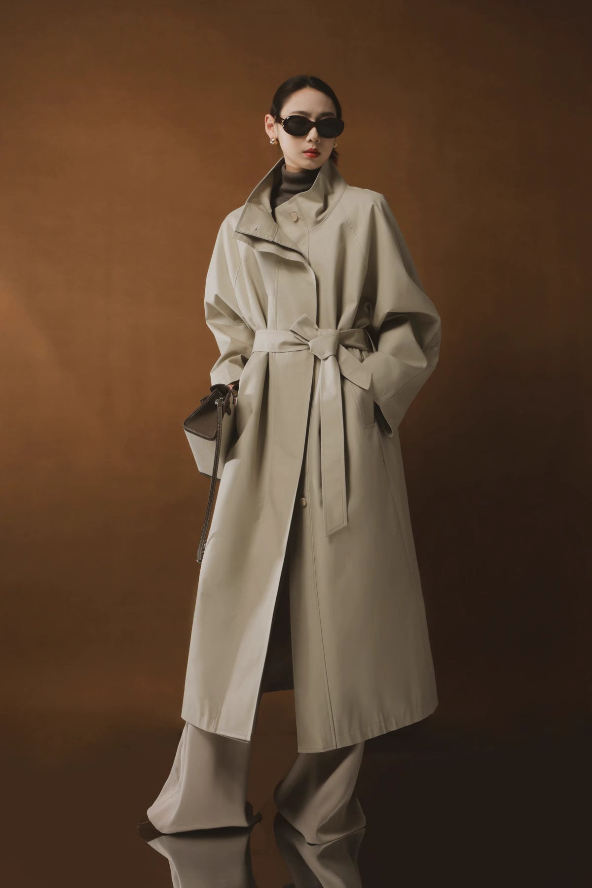 Draped Double-Breasted Tencel Trench Coat