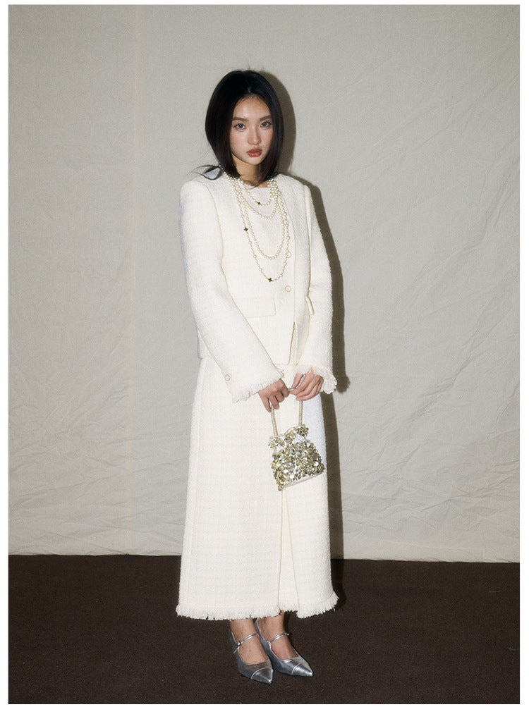 White Wool-Blend French Jacket & Midi Skirt Set