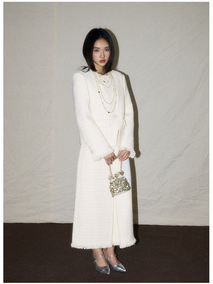 White Wool-Blend French Jacket & Midi Skirt Set