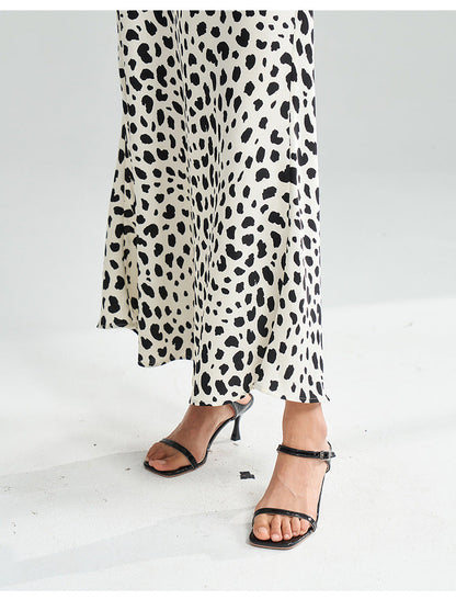 Satin Leopard Flare Skirt – Black & White Shine
