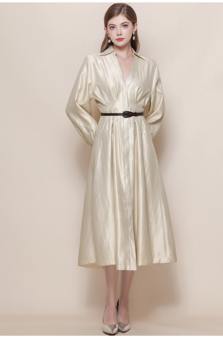 Silk-Texture Belted Midi Dress with Classic Collar