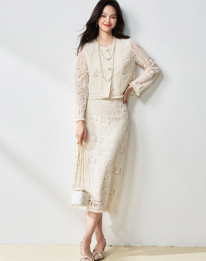 Luxury Beige Two-Piece Set with Fringe & Hollow Floral Details