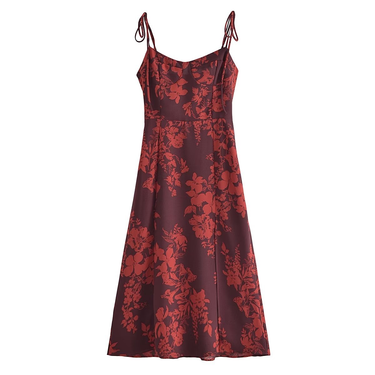 Red Strappy Tie-Waist Slit Midi Dress