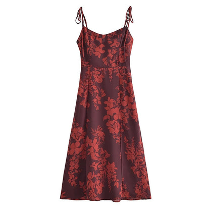 Red Strappy Tie-Waist Slit Midi Dress