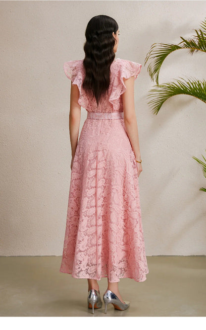 Ruffled Sleeve Beaded Belted Tulle Maxi Dress