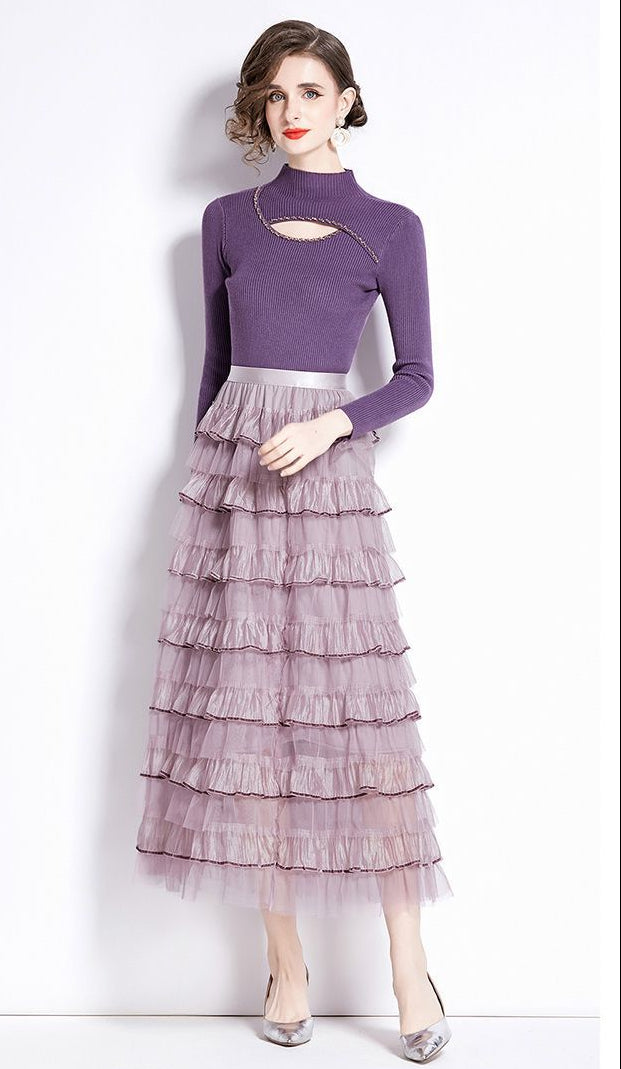 Layered Knit & Tulle Maxi Dress – Faux Two-Piece Design
