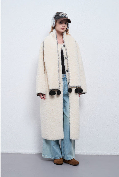 Faux Shearling Long Coat with Detachable Scarf – Off-White Elegance