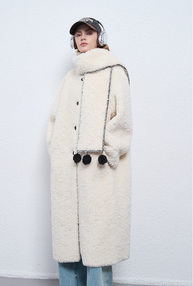 Faux Shearling Long Coat with Detachable Scarf – Off-White Elegance