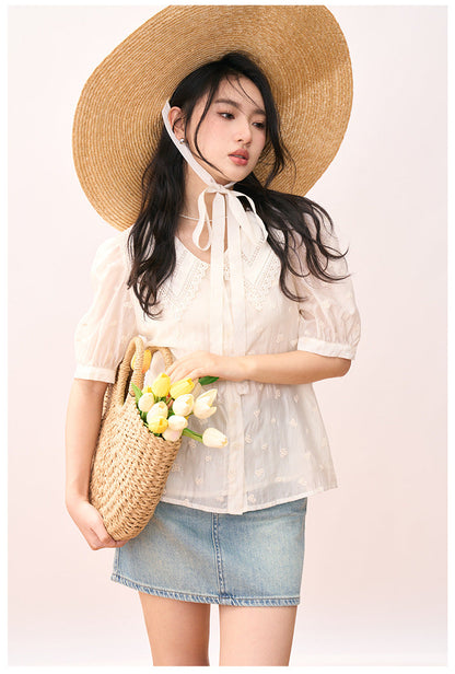 Embroidered Peter Pan Collar Puff Sleeve Blouse