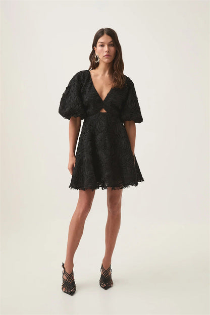 Textured Short Puff Sleeve A-Line Dress