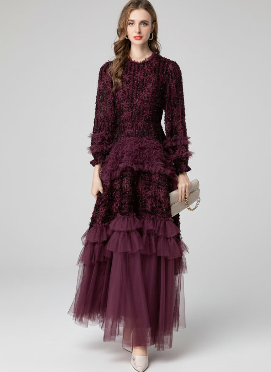 Plum 3D Floral Detail Tulle Evening Dress